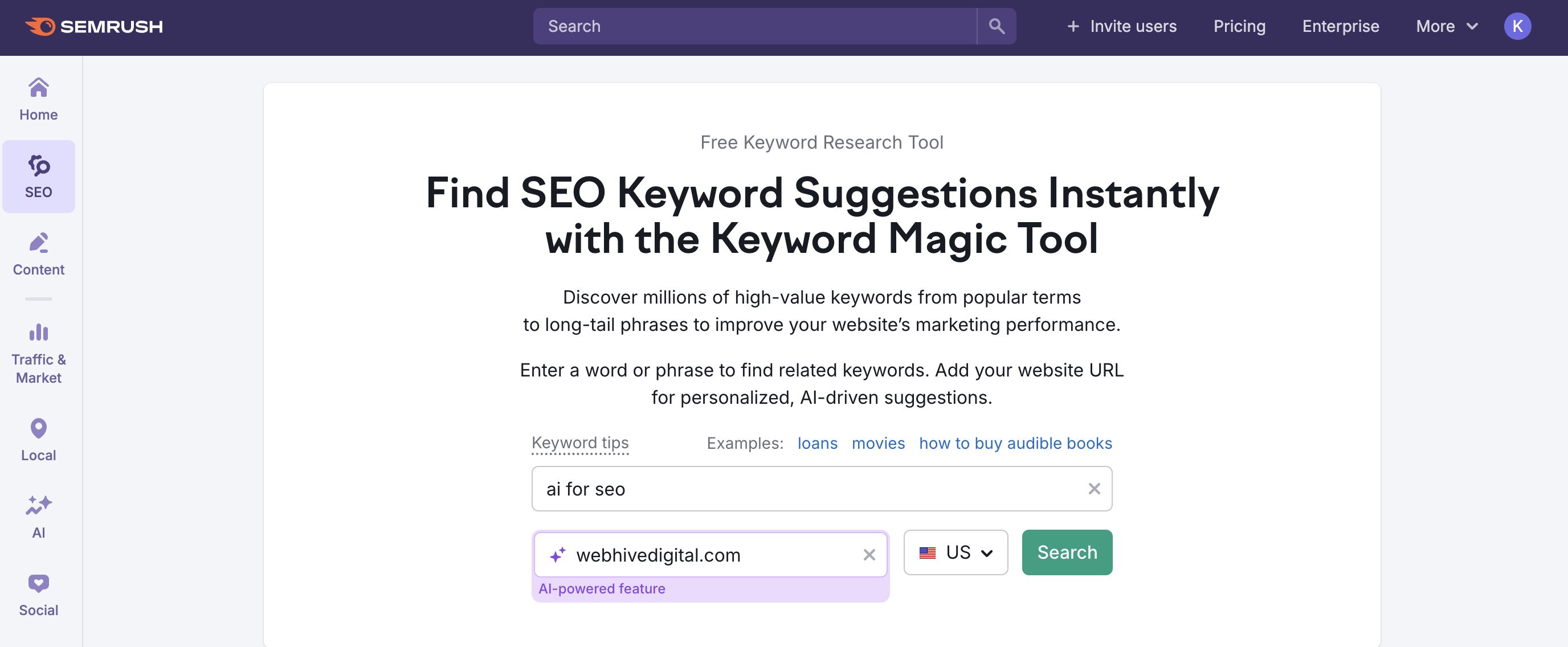 Keyword Magic Tool AI for SEO Seed keyword | Webhive Digital